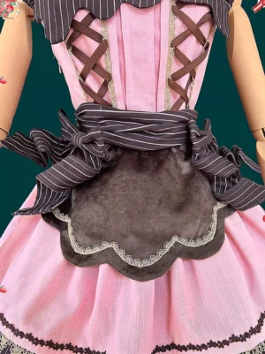 Sweet Lolita chocolate brown velour maid apron with striped cross-lace straps and fuzzy texture displayed on dress form showing waist detail