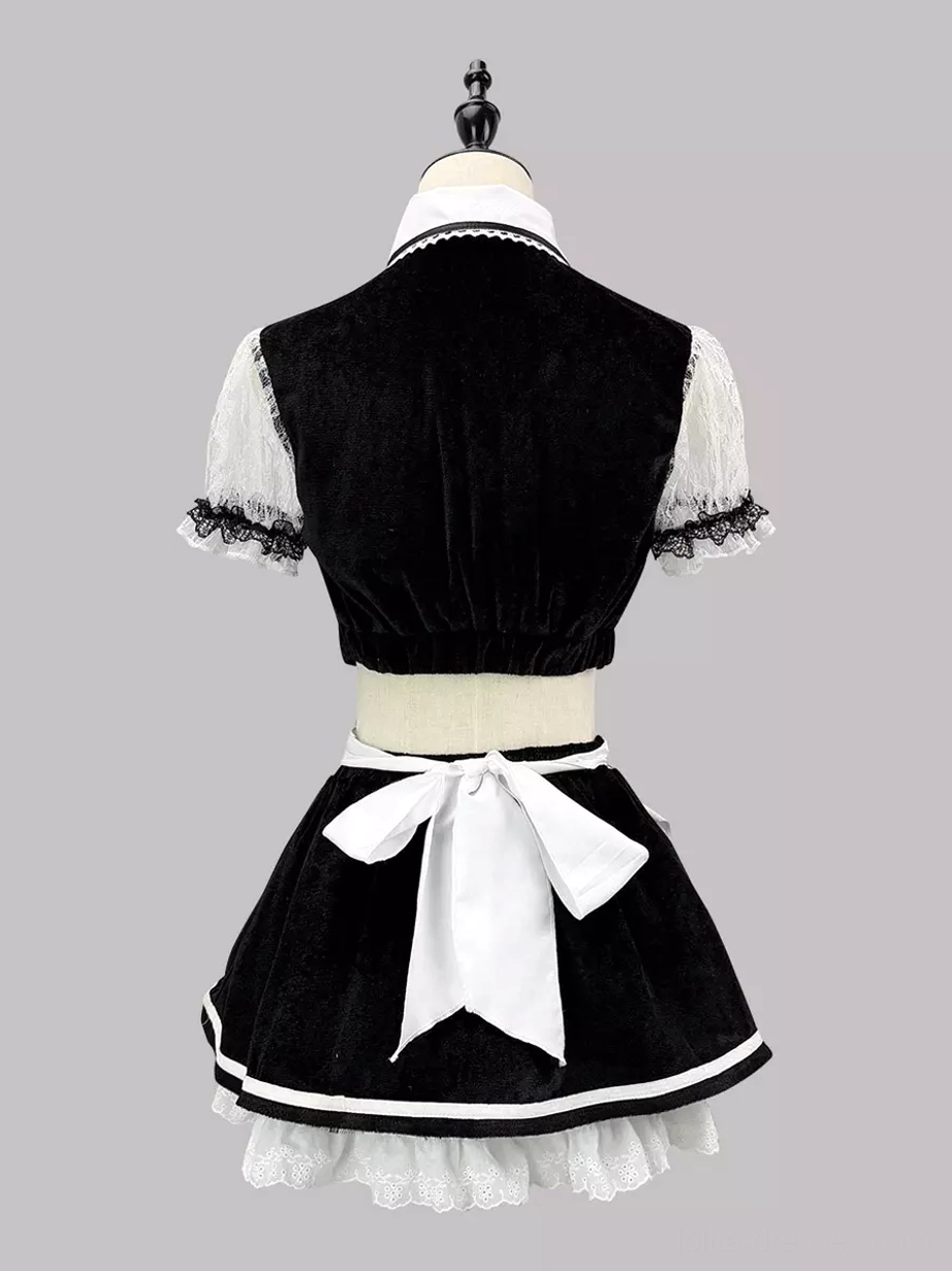 Sweet lolita French maid cosplay outfit back view mannequin black velvet crop top large white waist bow lace detail rear display