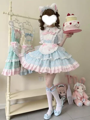 Sweet lolita maid dress blue sleeveless ruffles apron full front view cute boutique setting