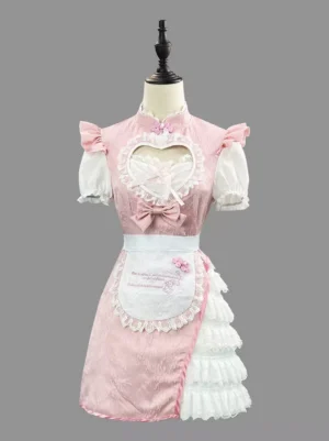 Sweet Lolita pink maid dress with heart chest cutout front view full body display on mannequin showing jacquard fabric and ruffled lace apron design