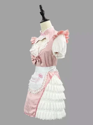 Pink sweet lolita maid dress side profile view showcasing layered lace ruffles and hidden back zipper closure construction detail