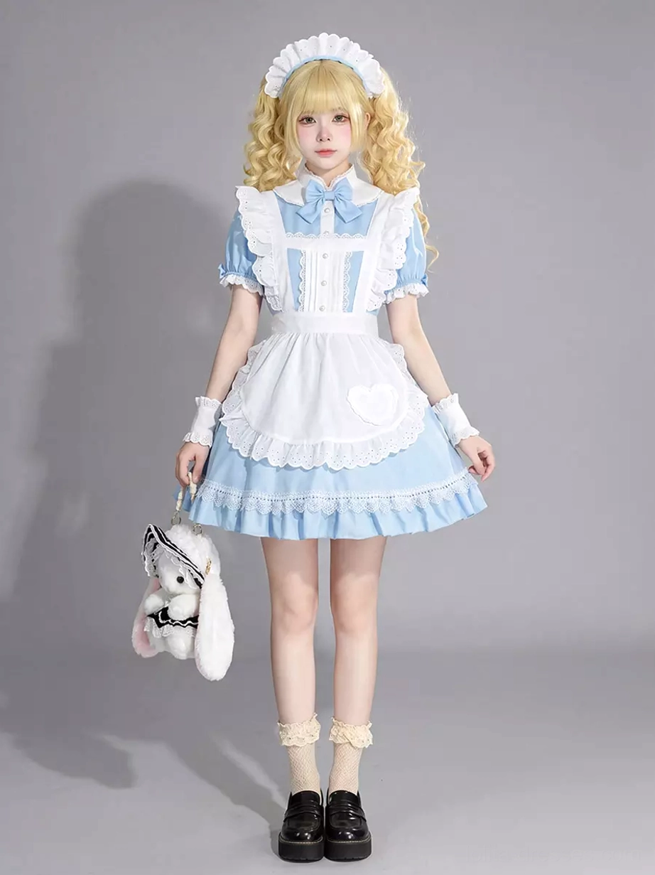 Maid lolita dress full body front view displaying beige lace socks, black platform loafers, classic white maid apron, and complete sweet lolita aesthetic worn by blonde female model