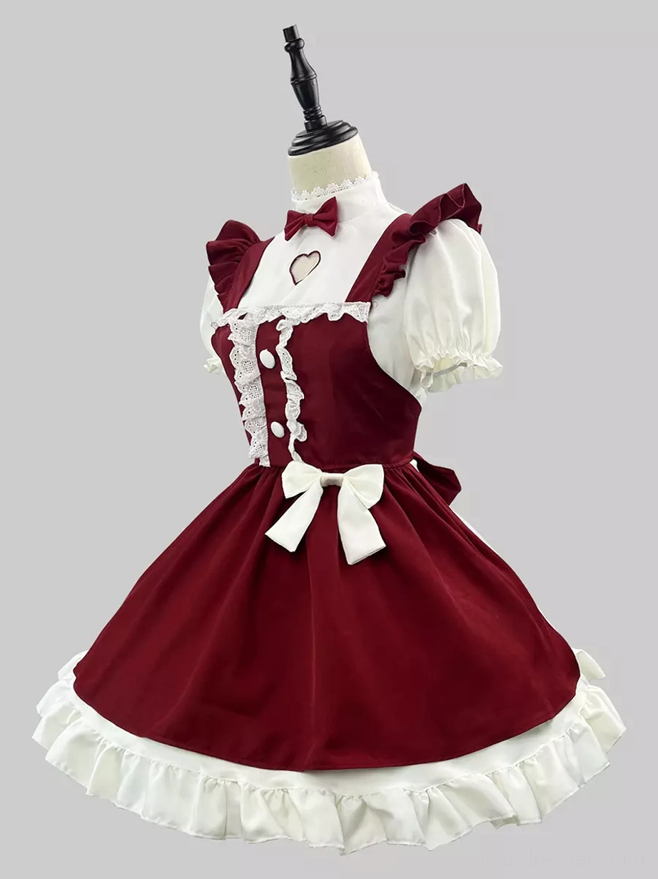 Sweet lolita maid dress three-quarter side view two-tone design waist bow ruffled hem elegant silhouette