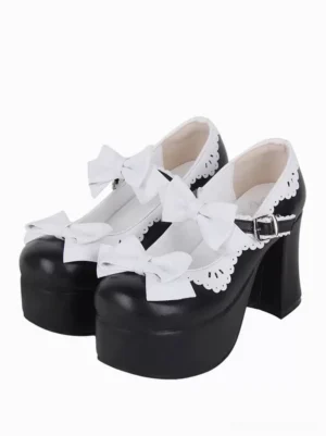 Sweet Lolita black Mary Jane platform sandals with white bows front three-quarter paired view studio photography