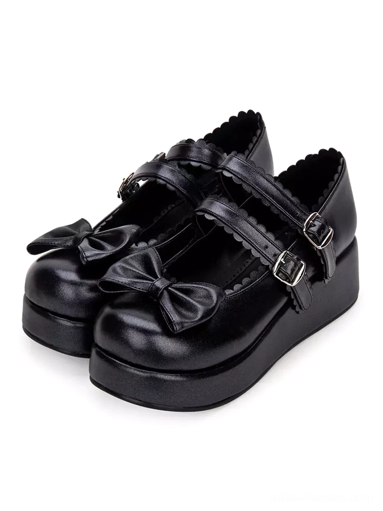 Sweet Lolita Mary Jane platform shoes black PU leather double buckled frill straps small bow detail three-quarter view