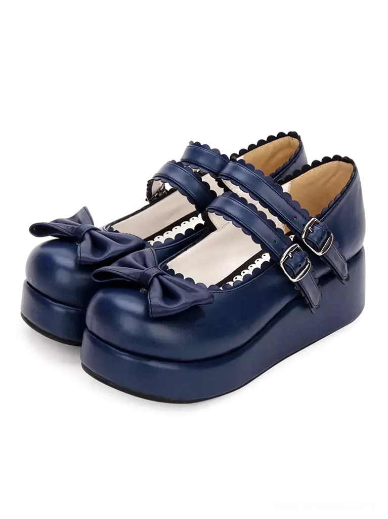 Sweet Lolita Mary Jane platform shoes navy blue PU leather double buckled frill straps charming bow three-quarter view