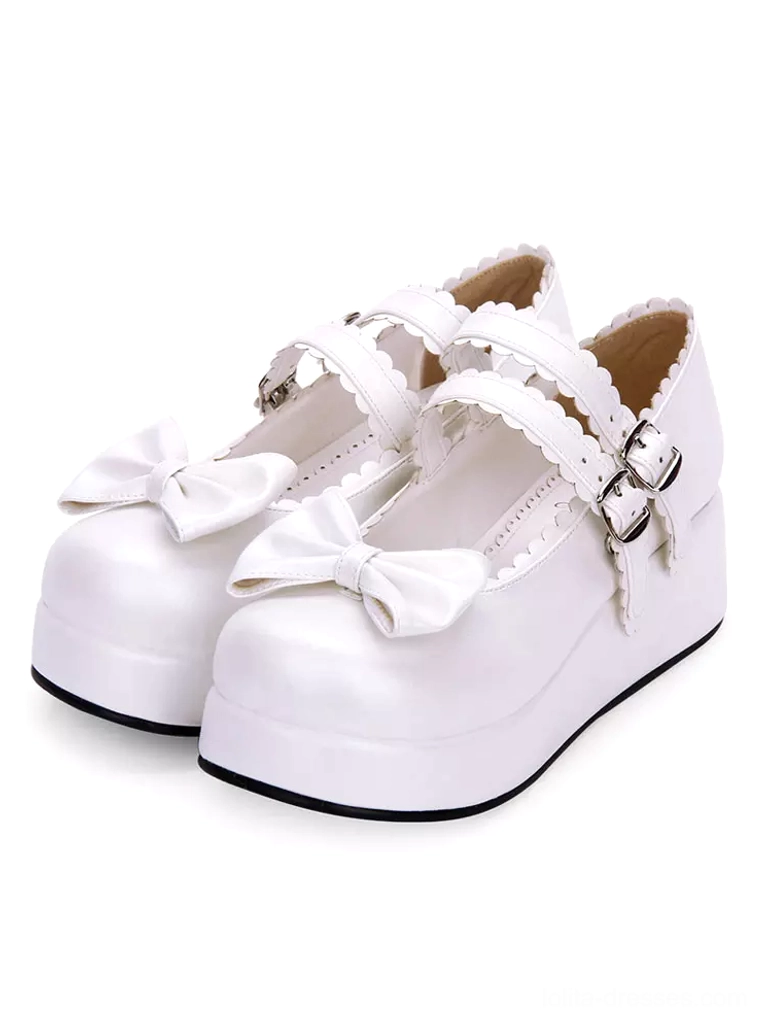 Sweet Lolita Mary Jane platform shoes white PU leather three-quarter front view double buckled frill straps bow decoration