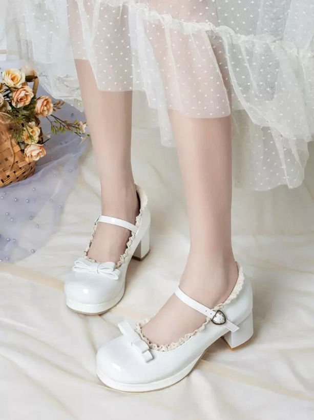 Sweet lolita mary jane pumps collection product showcase all color variants pink black white block heel heart buckle ruffled details