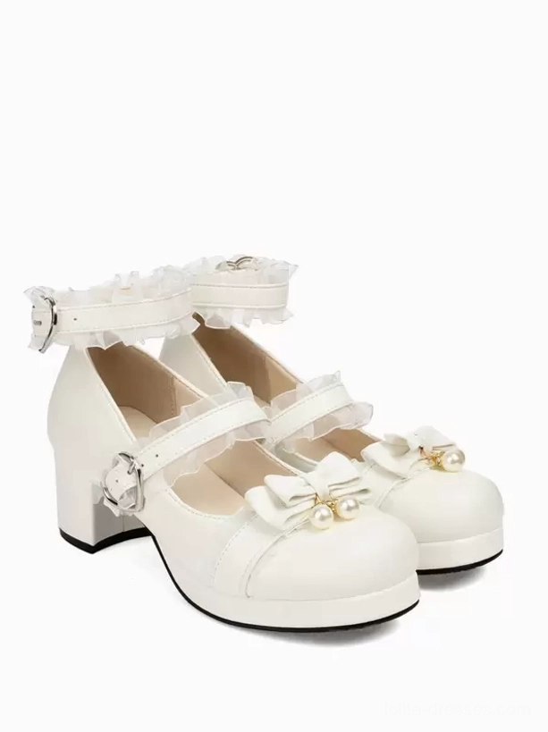 Sweet Lolita Mary Jane pumps collection showcase featuring multiple colorways including pink white black and red with pearl bow details and ruffled ankle straps