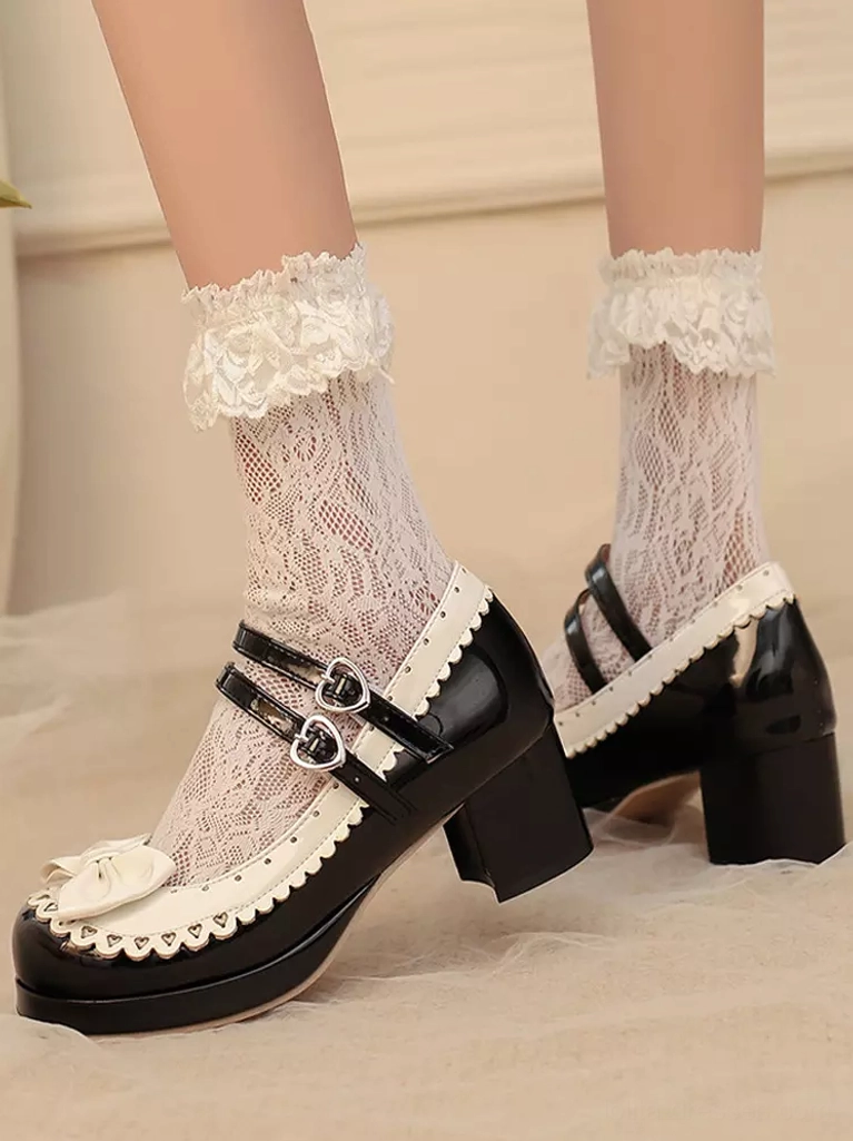 Sweet lolita platform shoes detailed angle showcase displaying rose bow embellishments, color block design, and mary jane double ankle strap construction
