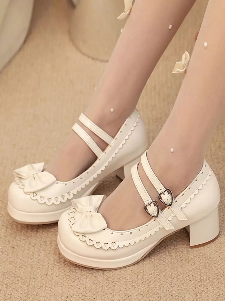 Sweet lolita mary jane shoes multi-angle product photography displaying scalloped trim details, heart-shaped buckles, and overall silhouette for lolita fashion coordination