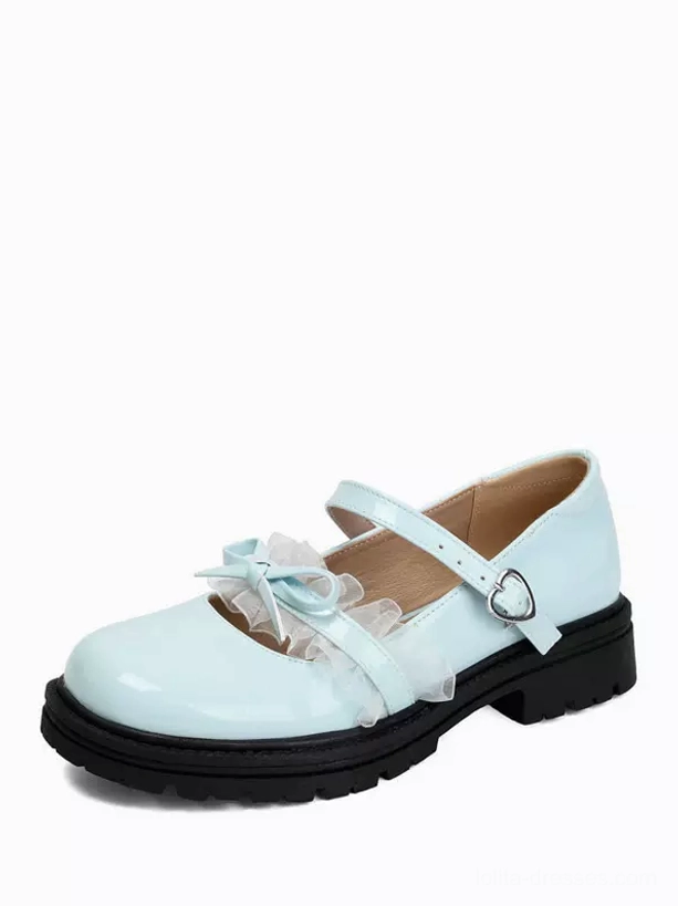 Sweet lolita mary jane shoes sole and heel detail view showing chunky low heel construction and black platform outsole