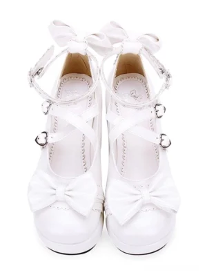 White Sweet Lolita Mary Jane platform shoes with front bow embellishment, scalloped lace collar trim, and heart fasteners on cross straps - direct front paired view