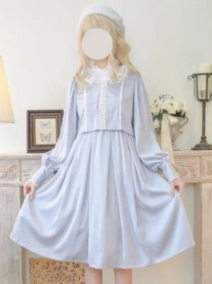 Sweet lolita dress pastel light blue pleated midi skirt full front view ruffled lace neckline