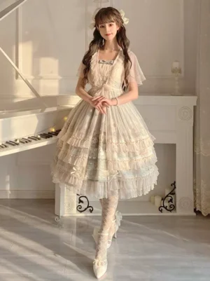 Sweet Lolita midi dress with flutter sheer sleeves and square neckline indoors at piano room, displaying the layered ruffled hem and refined waist structure characteristic of Sweet Lolita fashion