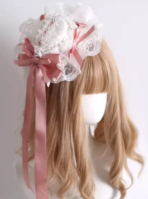 sweet lolita mini top hat hair clip rear right side view with bangs lace ribbon decoration pearl details