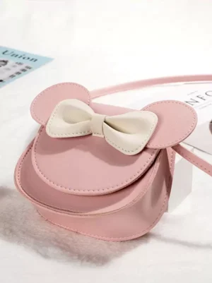 Pink PU leather sweet lolita crossbody bag with oversized off-white bow and adorable mouse ear decorations, perfect for lolita fashion coordinates and tea party occasions
