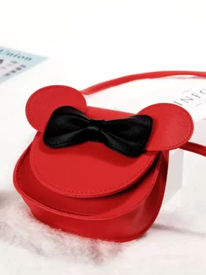 Red PU leather lolita character-inspired crossbody bag featuring black oversized bow and cute 3D mouse ear embellishments, ideal for sweet lolita style