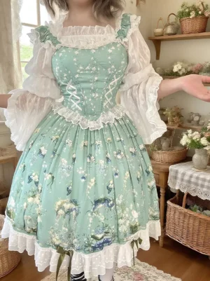 Sweet Lolita mint green floral jumper dress with white lace trim front view showing delicate puff sleeve inner blouse cottagecore aesthetic