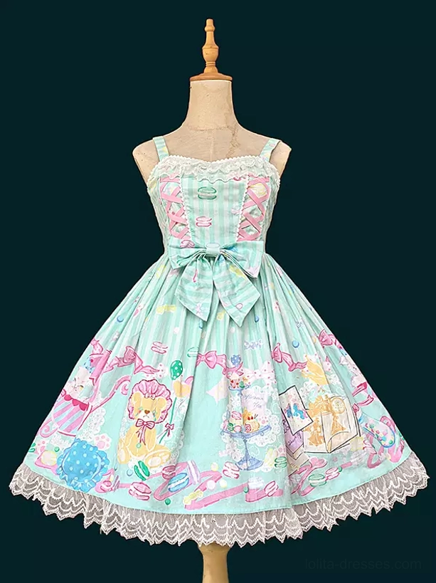 Sweet lolita dress in soft mint green with striped bodice detail, front bow accent, delicate lace ruffles, and themed candy shop cartoon illustration print