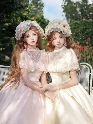 sweet lolita girls wearing pearl necklaces with ruffled dresses lace bonnets garden outdoor setting