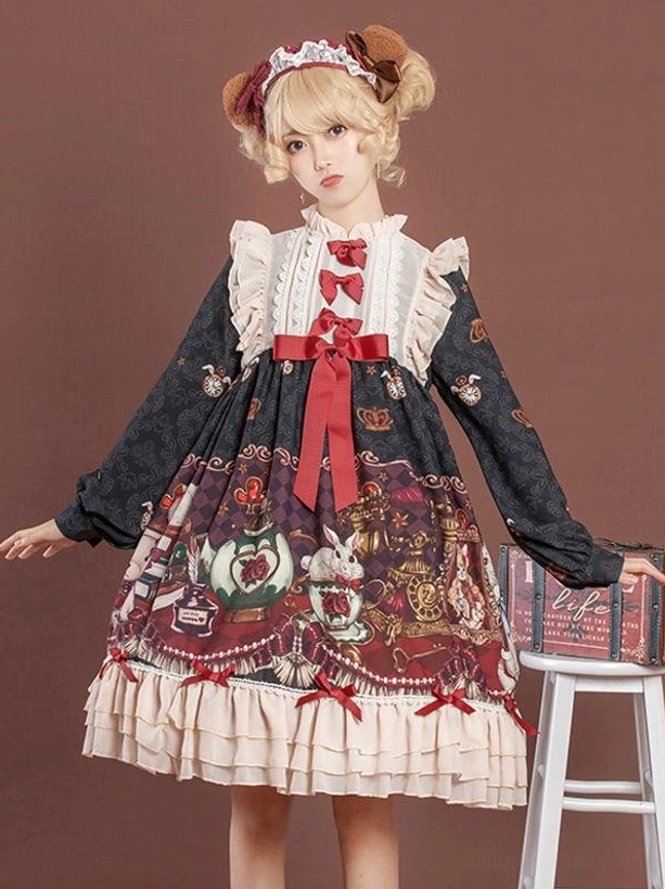 Navy blue sweet lolita long sleeve dress white ruffled collar tea party prints red front bowknots wooden prop styling