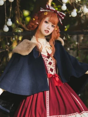 Dark navy polyester Lolita cape coordinated with red Lolita dress front medium shot outdoor light decor scene