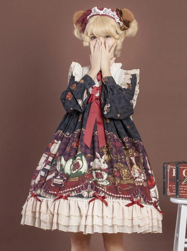 Sweet lolita dark navy upper dress printed skirt beige layered ruffled hem red front bow wooden box prop decoration