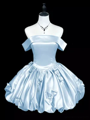 Off-shoulder ballet satin bubble skirt sweet lolita mini dress front view with folded neckline and satin bows