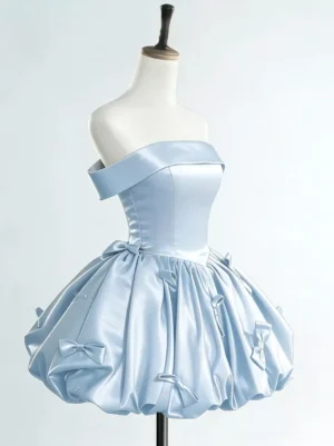 Side profile view of sweet lolita satin off-shoulder mini dress showing fitted bodice and gathered bubble skirt with bows