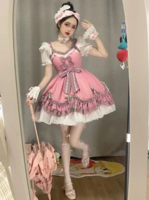 Sweet Lolita off-shoulder ruffled dress mirror full-body shot with white puff sleeves, pink heels, choker, wrist cuffs, and pink parasol coordination