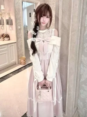 Sweet lolita two-piece off-shoulder dress set full-body front view pink with knit shrug and lace details
