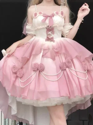Sweet lolita ombre dress full body model view with spaghetti straps corset bodice dark background