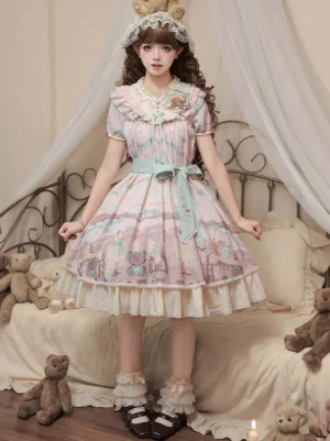 Sweet Lolita one-piece dress short sleeves front standing view pastel pink animal print ruffled collar lace hem mint waist sash