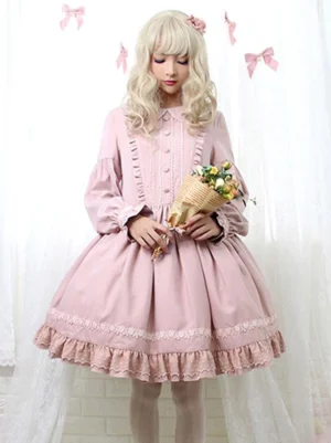 Pink sweet lolita OP dress with puff long sleeves and peter pan collar front view on model with flower basket indoor aesthetic
