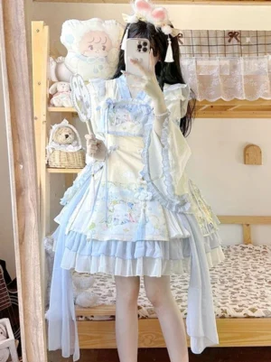 Sweet lolita baby blue jumper outfit worn full view mirror selfie with layered ruffled skirt and hair ornaments