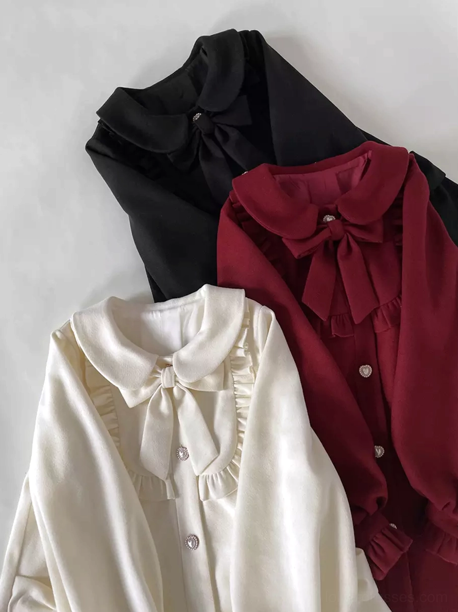 Sweet lolita overcoat color comparison display showing cream white black and tailor made burgundy options with peter pan collar and ruffles