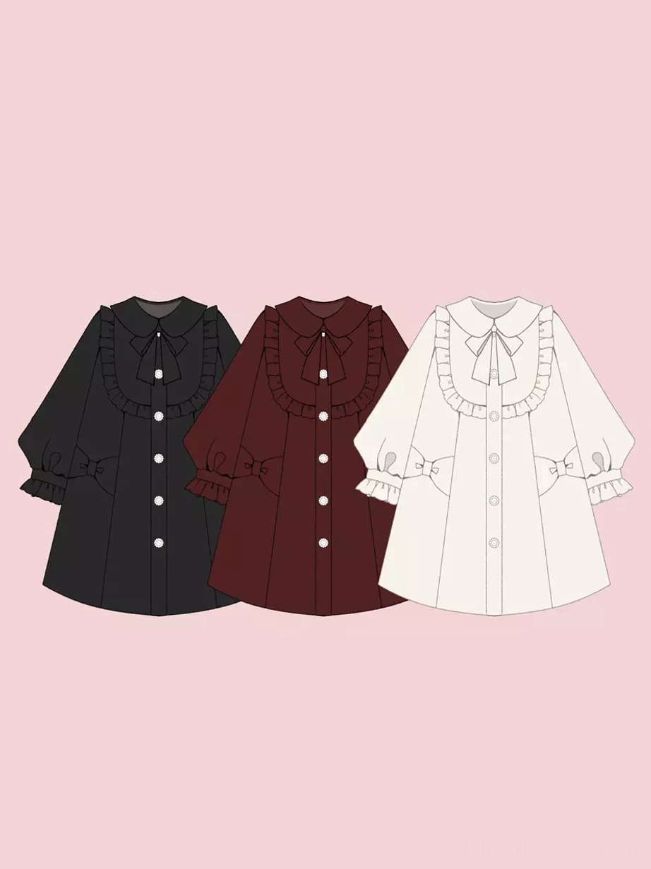Lolita overcoat styled coordinate showing complete outfit with peter pan collar coat, lace headdress, pearl accessories, and vintage styling