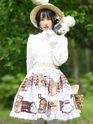 Sweet Lolita coordinate with coffee print overskirt, white formal gloves and floral bouquet accessory, outdoor three-quarter angle in blooming garden