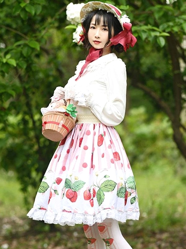 strawberry sweet lolita overskirt side full body view pink dot stripe fruit print outdoor woods