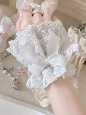 Sweet Lolita oversleeves wrist accessories white satin bow floral embroidered lace fabric female hand styling rings