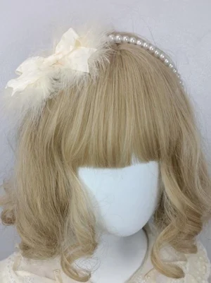 Sweet lolita pearl headband with cream satin bow and fluffy white feather, front three-quarter view on blonde mannequin, pearl-studded headdress accessories