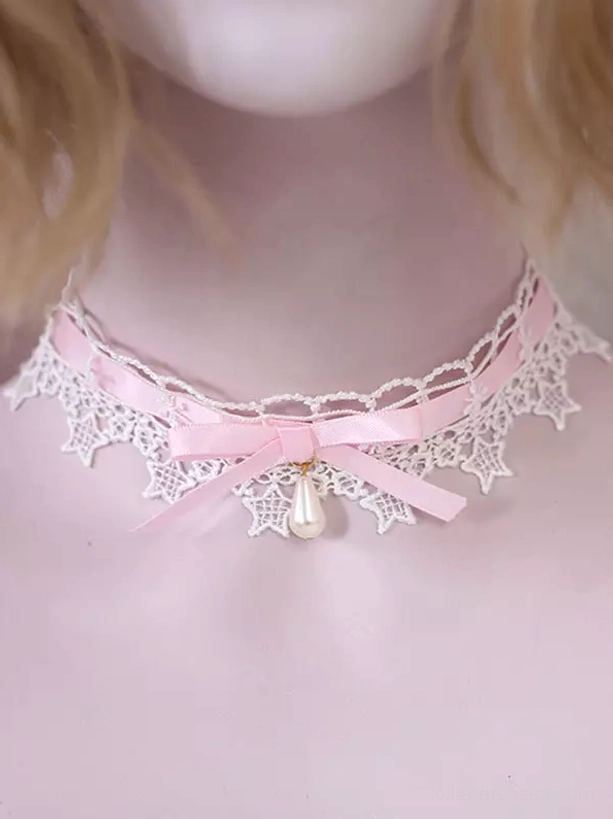 Sweet Lolita lace choker necklace with delicate white star lace, pink satin bow, and pearl drop pendant detail
