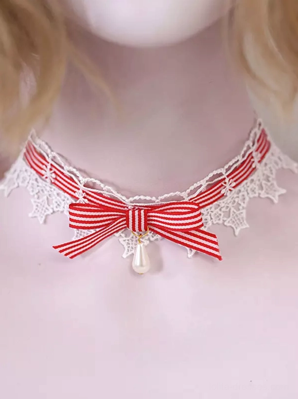 Sweet Lolita lace choker necklace featuring white star lace trim, red and white striped satin bow, and hanging pearl pendant