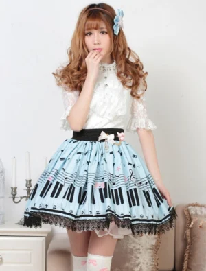 Sweet Lolita piano keys skirt with musical cat print in sky blue, front half-body view on model with brown curly hair, featuring black lace trim hem and elegant waistline decoration