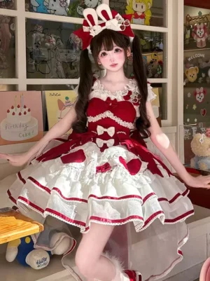 Sweet lolita red white dress three-quarter side angle high-low ruffled skirt design