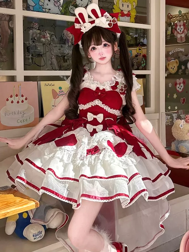 Sweet lolita red white dress three-quarter side angle high-low ruffled skirt design