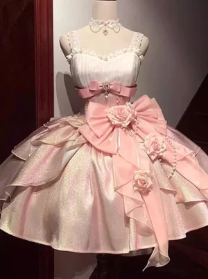 sweet lolita sleeveless pink ball gown with white pleated bodice front view on dress form