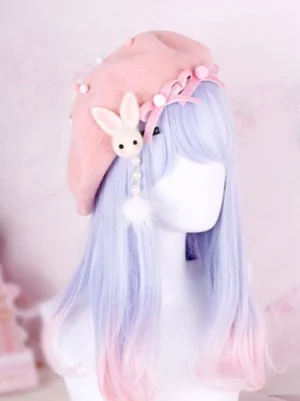 Sweet Lolita pink beret with felt rabbit pendant and pompom bow on mannequin three-quarter view