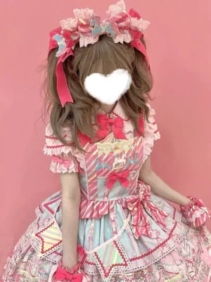 Sweet lolita blouse worn in portrait style against pink background, demonstrating fit and how ruffled collar and bow decorations frame the neckline